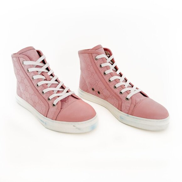 Gucci Rebel High Top GG Sneakers EU 37 US 7 Pink Monogram Canvas Lace Up Cap Toe - Picture 1 of 13